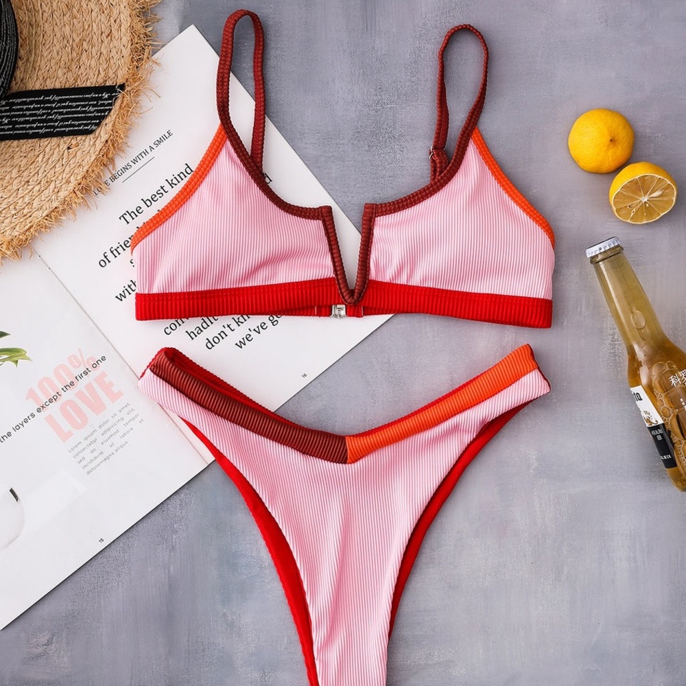 Pink Orange & Red Colour-Block Bikini Set